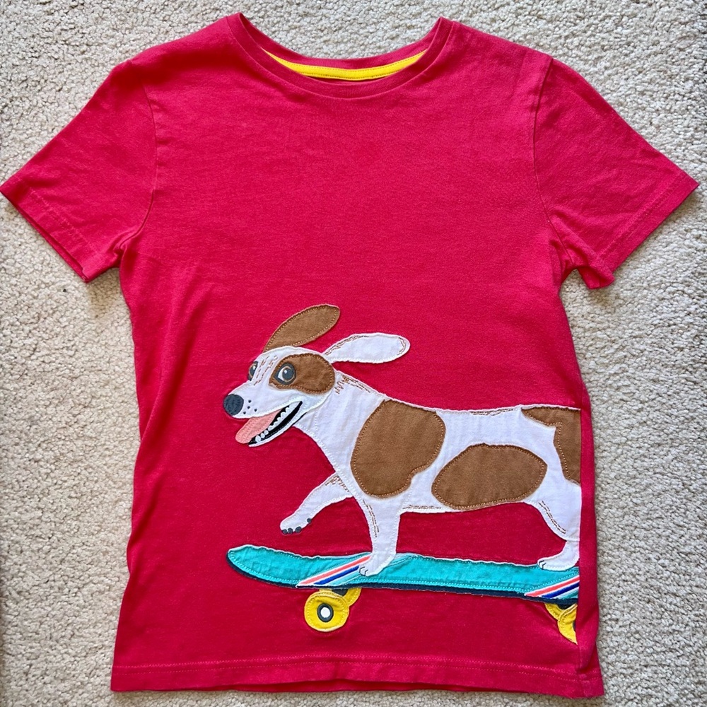Mini Boden Red Tee with Skateboarding Dog Applique